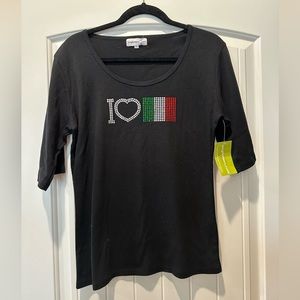 WOMEN’S “I LOVE ITALY” EMBELLISHED SHORT SLEEVE TEE.  SIZE X-LARGE. NWT’S.